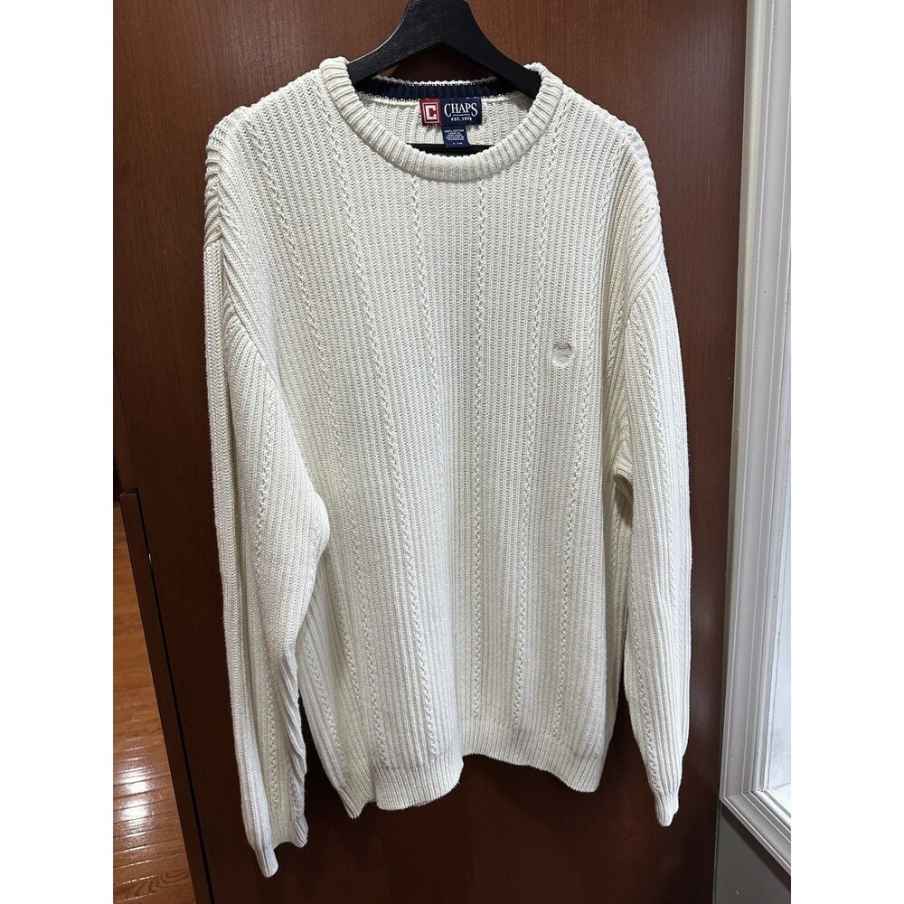 Vintage Chaps Ivory Cable Knit Sweater L made in Hong Kong Cotton Fisherman Knit